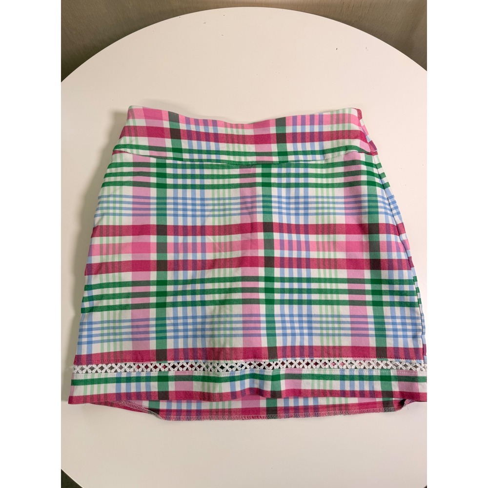 Crown & Ivy Plaid Mini Skirt Womens 4 Pink Green Blue Excellent Crochet Trim